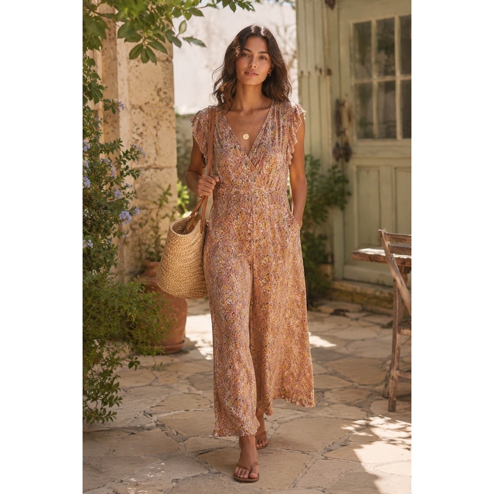 Anthropologie Matilda Paisley Jumpsuit Women S Flutter Sleeve V-Neck Boho - Picture 1 of 10